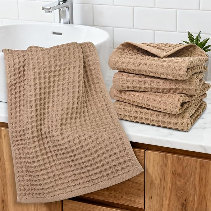 Jacquotha Waffle Bathroom Hand Towels 5-Piece (Tan) – Cotton, Soft, Lightweight, Lint Free, 13” x 29”