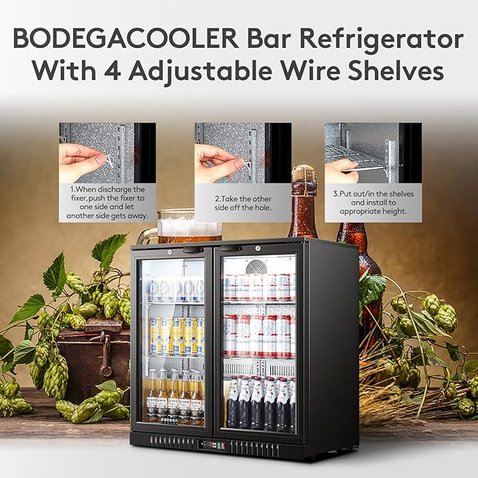 BODEGACOOLER Back Bar Cooler with 2 Doors Under Counter ,7.4cu.ft Glass Door Bar Refrigerator with LED Lighting,Black Bar Cooler,Built-In or Under Counter Freestanding Hold 68 bottles or 220 cans