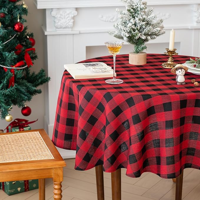 Christmas Gingham Tablecloth Heavy Duty Cotton Blend Red 60 inch Round Christmas Table Cloth Reusable Waterproof Foldable Tablecloths Xmas Table Cover for New Year Party Decor
