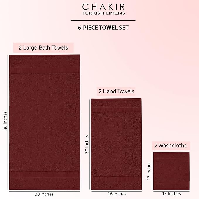 Chakir Turkish Linens 100% Cotton Premium Turkish Towels for Bathroom, 2 Large Bath Towels, 2 Hand Towels, 2 Washcloths (6-Piece Towel Set, Cranberry)