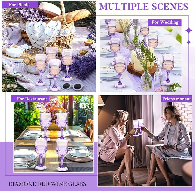 Pinkunn 50 Pcs 7 oz Plastic Vintage Wine Glasses Reusable Colored Goblets Patterned Drinking Water Glasses Cup Dishwasher Safe for Christmas Wedding Reception Party Supplies (Purple)