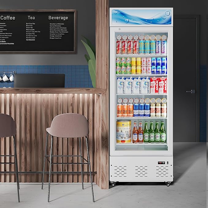 White Commercial Glass Door Display Refrigerator 15 Cu.ft Cooler Beverage Refrigerators with LED Light and 5 Shelves for Cafe Restaurant Store Bar