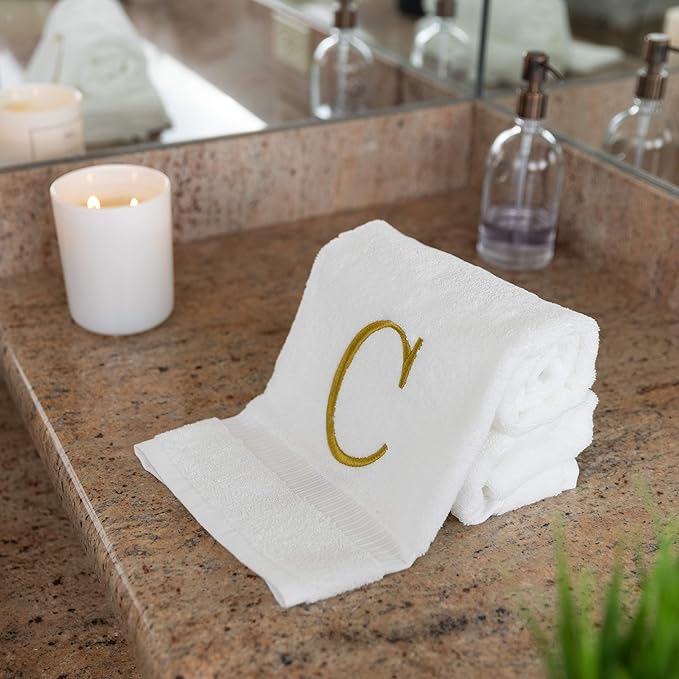 Monogrammed Hand Towels for Bathroom - Luxury Hotel Quality Personalized Initial Decorative Embroidered Bath Towel for Powder Room, Spa - GOTS Organic Certified - Set of 2 Gold Letter C