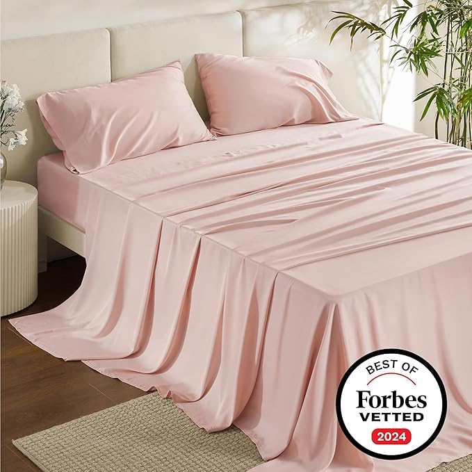Bedsure King Size Sheets Set, Cooling Sheets for Hot Sleepers, Rayon Derived from Bamboo, Breathable & Soft, Deep Pocket Up to 16 Inches, Hotel Luxury Silky Bedding, Pink