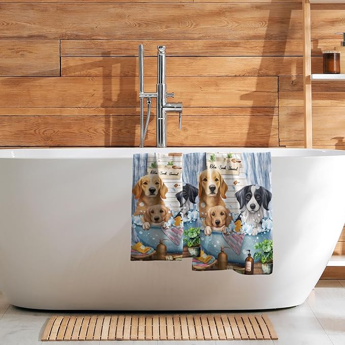 Imiss Funny Dog Hand Towels Set of 2 Bathtub Dog Bath Soap Foam Bathroom Guest Towel Wooden Vintage Country Kitchen Dish Towel 14.4 x 28.3 Inch for Bathroom Spa Sport Hotel