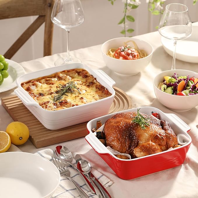 DOWAN 8x8 Baking dish, Square Baking Pan, Ceramic Casserole Dishes for Oven, Cake Pan with Handle, for Brownie, Lasagna, Casserole, 2 Quart, Home Gift, Wedding Gift, Red