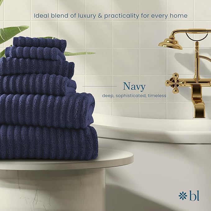 Blue Loom Ribbed Bath Towels Set, 100% Cotton 600GSM, Soft Absorbent Durable 2 Bath Towels, 2 Hand Towels, 2 Wash Cloths for Bathroom - Mason (58" x 30" inch Towels) (Navy, 6 Piece)
