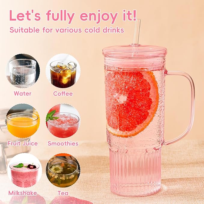 GOSCHE Glass Cups with Lids and Straws, 24oz Glass Tumbler with Straw and Lid, Iced Coffee Cups with Handle for Smoothie Juice Water Tea, Pink, 2 Pack