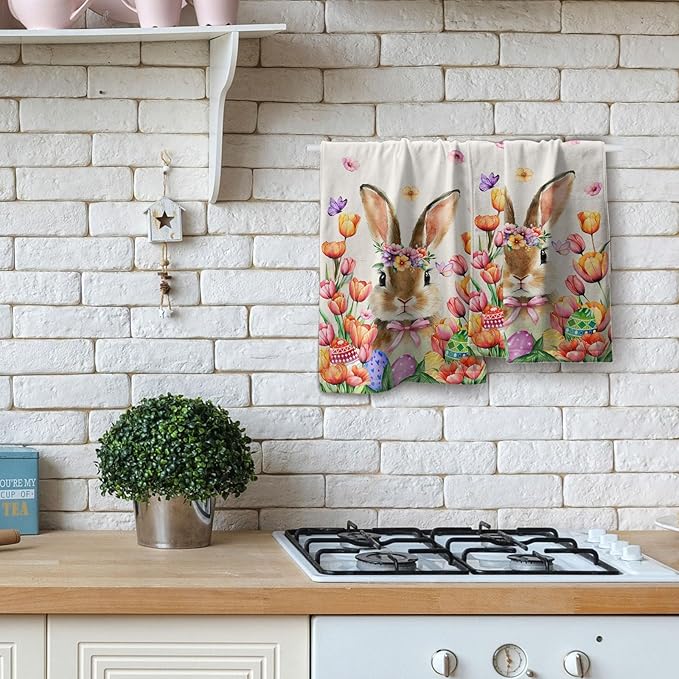 Imiss Rabbit Hand Towels 2 Pcs Spring Tulip Flowers Cute Bunny Holiday Decoration Guest Towel 14.4 x 28.3 Inch Easter Kitchen Dish Towel for Bathroom,Gym,Spa,Hotel Decor