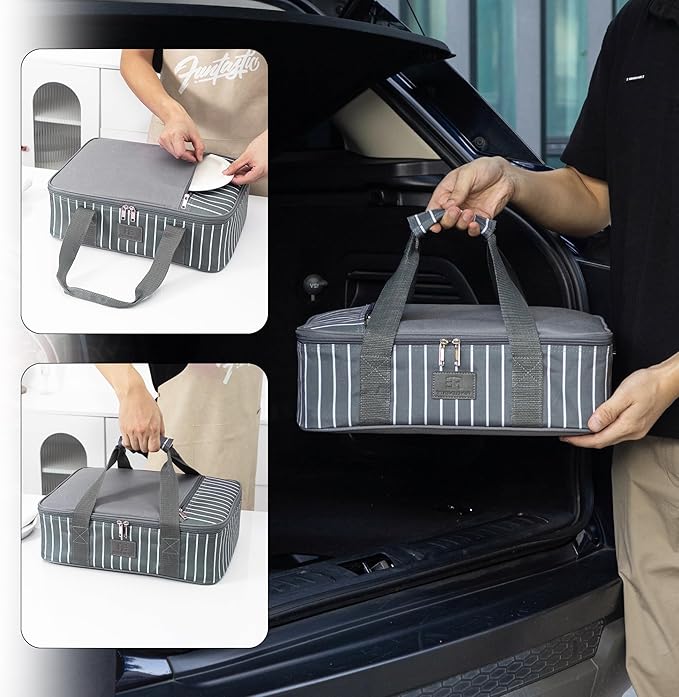 Fun Elements Casserole Carrier for Hot or Cold Food, Insulated Casserole Dish Carrier, Thermal Lasagna Lugger Tote for Potluck Parties/Picnic/Cookouts, Fits 9"×13" Baking Dish, Grey
