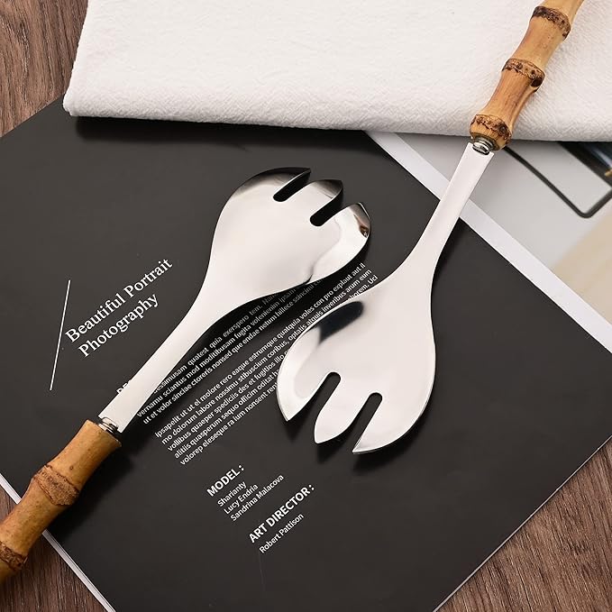 Serving Spoon and Fork Set, 304 Stainless Steel Serving Utensils with Natural Bamboo Handle, 10" Long Handle Serving Set for Kitchen Party Buffet, 4 Pieces / 2 of Each