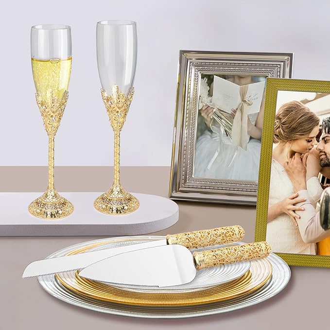 Gold Cake Knife and Server Set - 2 Piece Dessert Set Metal Handle with Crystal Stones Decoration for Wedding, Anniversary Party Birthday Banquets and Gifts for Bride and Groom