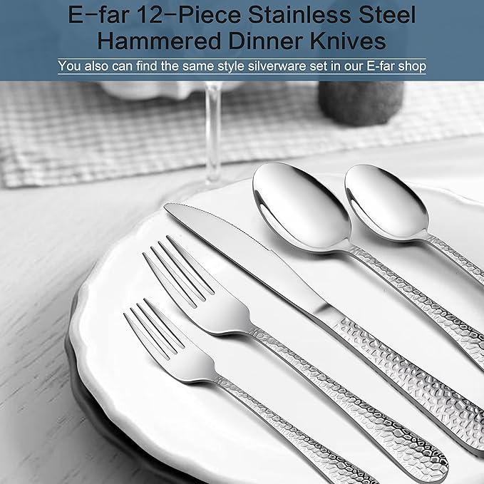 E-far Dinner Knives Set of 12, Stainless Steel Hammered Serrated Table Knife for Home Kitchen Restaurant, Mirror Polished & Dishwasher safe-8.9 Inches