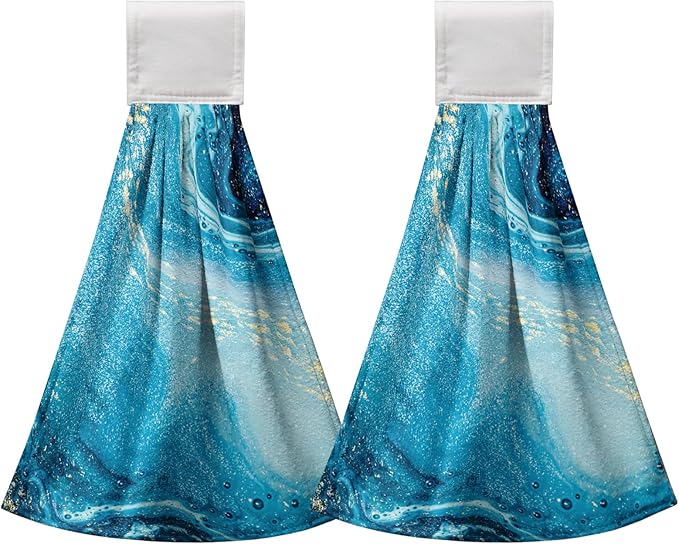 Blue Marble Hanging Hand Towels Set of 2 Summer Ocean Kitchen Towel with Loop Blue Sea Decorative Bathroom Tie Towels Soft Lightweight Dish Towel for Kitchen Home Washroom Decor 17 * 12 Inch
