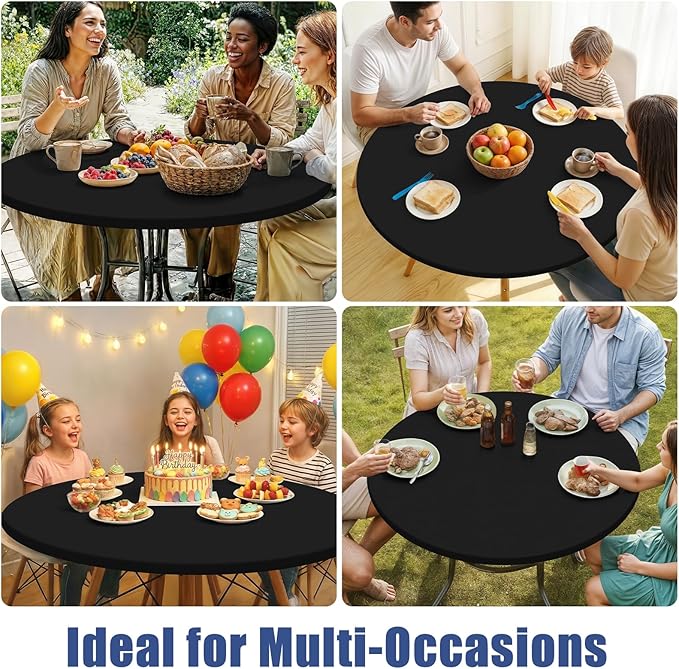 Round Spandex Tablecloth, Elastic Fitted Waterproof Tablecloths for 57"-68" Tables, Stretch Washable Picnic Table Cover for Camping, Dining, Indoor and Outdoor, Black