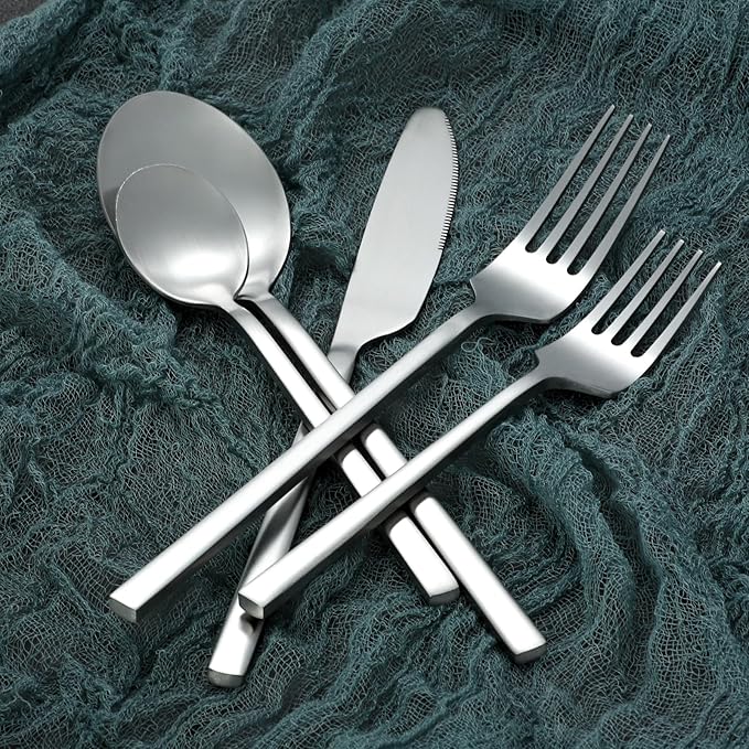40-Piece Silver Silverware Set, Rectangular Flatware Set for 8, Matte Stainless Steel Cutlery Set, Home Essentials and Kitchen Utensils Set, for Restaurant, Party And Wedding, Dishwasher Safe