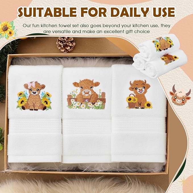 4 Pack Highland Cow Embroidered Towels with Sunflower Gifts Cotton 29.5" x 13.8" Farmhouse Country Hand Towels Absorbent Soft Kitchen Dish Cloths Bathroom Rustic Housewarming Party Decor