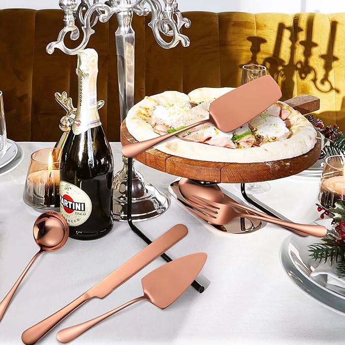 Copper Utensils Serving Set Rose Gold Stainless Steel Flatware Cake Knife Sever Fork Large Spoon Spatula Catering Silverware Complete 7 Pieces for Home Party Buffet