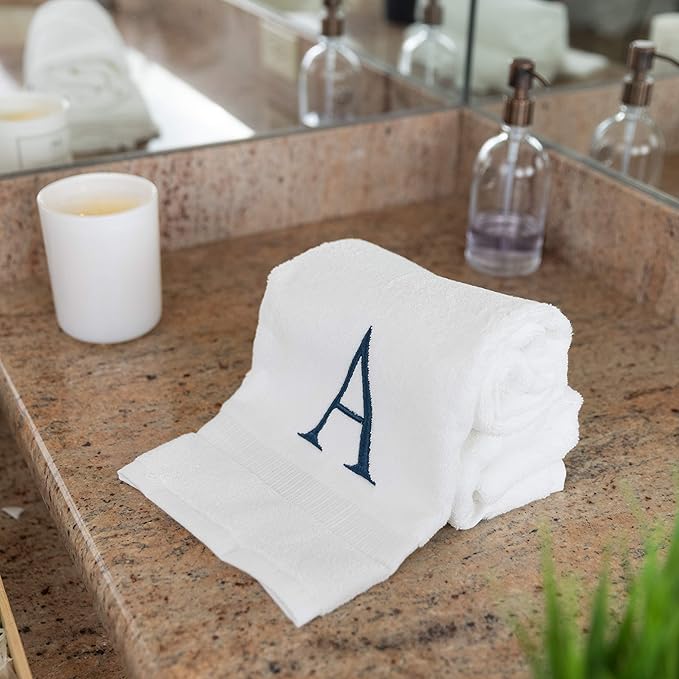 Monogrammed Hand Towels for Bathroom - Luxury Hotel Quality Personalized Initial Decorative Embroidered Bath Towel for Powder Room, Spa - GOTS Organic Certified - Set of 2 Navy Letter A