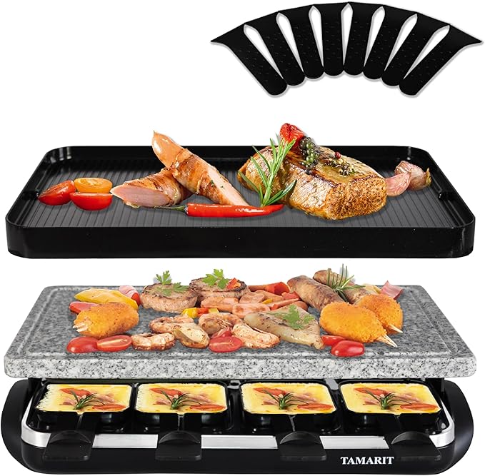 TAMARIT Raclette Table Grill Portable 3 in 1 Korean Barbecue BBQ Electric Indoor Griddle with Non-Stick Reversible Plate and Cooking Stone for Steak 1400W Raclette Grill for 8 Person, Black