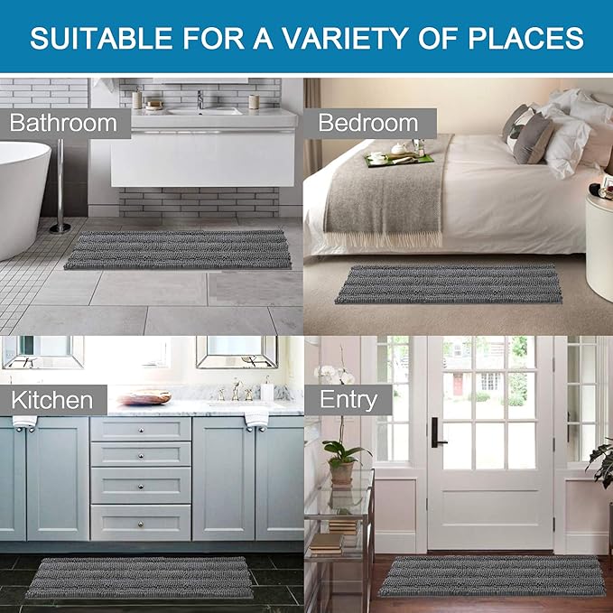 H.VERSAILTEX Bath Rugs for Bathroom Non Slip Bath Mats Extra Thick Chenille Striped Bath Rug Runners 47" x 17" Absorbent Fluffy Soft Shaggy Mats Dry Fast Plush Area Carpet for Bath Room - Grey