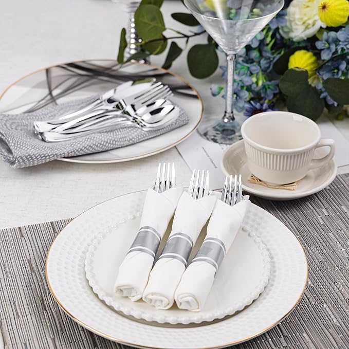 N9R 120 Pack Pre Rolled Silver Plastic Silverware Set, Wrapped Silverware Set Disposable with 120 Forks, 120 Knives, 120 Spoons, 120 Napkins, Disposable Cutlery Set for Party and Wedding
