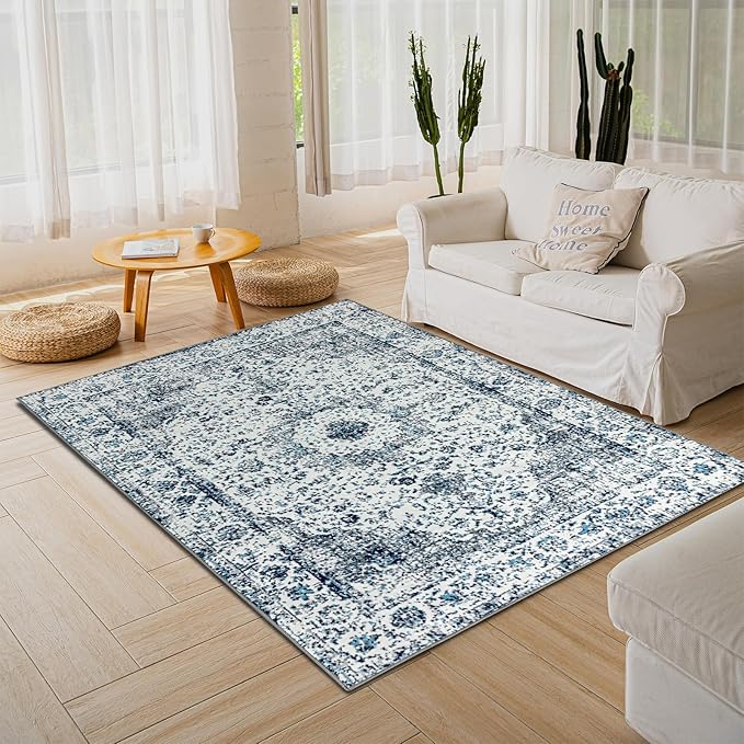 Easy-Going Area Rug 5x7 Washable Boho Rugs for Living Room Non-Slip Bedroom Rug Low Pile Lightweight Floral Print Vintage Throw Rug for Dining Room Kitchen Home Office Carpet, Blue Cream