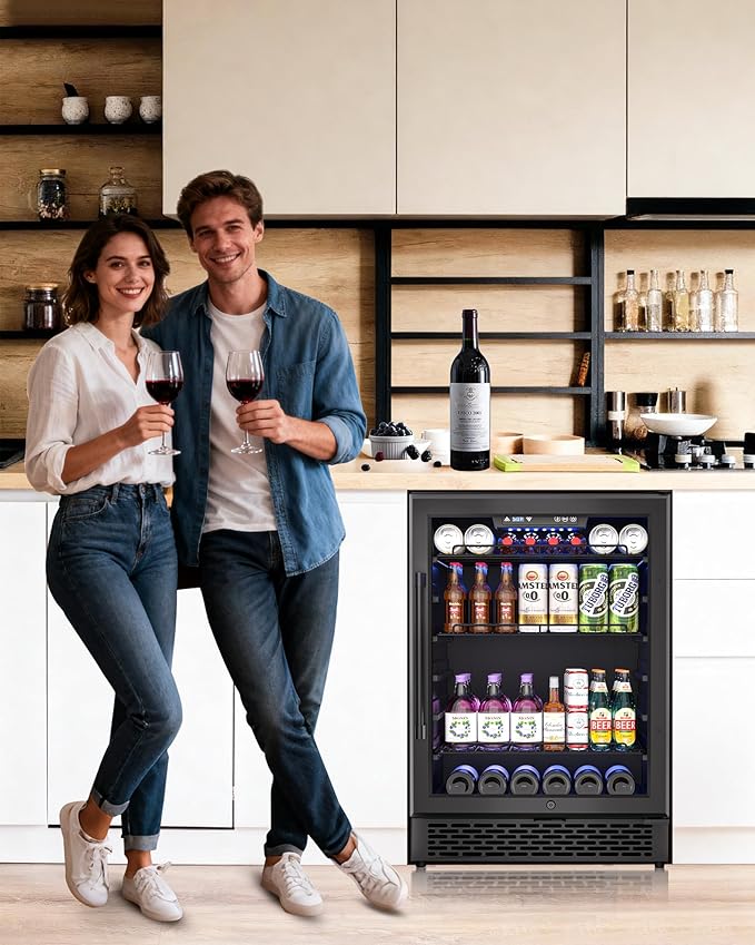 24-Inch Beverage Refrigerator, 200-Can Glass Door Cooler with Adjustable Shelves, Quiet Cooling, Freestanding or Under-Counter – Compatible with Beer, Soda, Wine, Milk, Suita