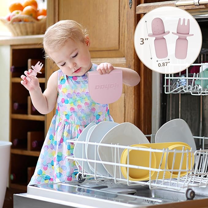 Silicone Foldable Novelty Dinner Plates,Baby Plates Travel Essential with Forks and Spoons,Microwave & Dishwasher Safe,Matte Pink