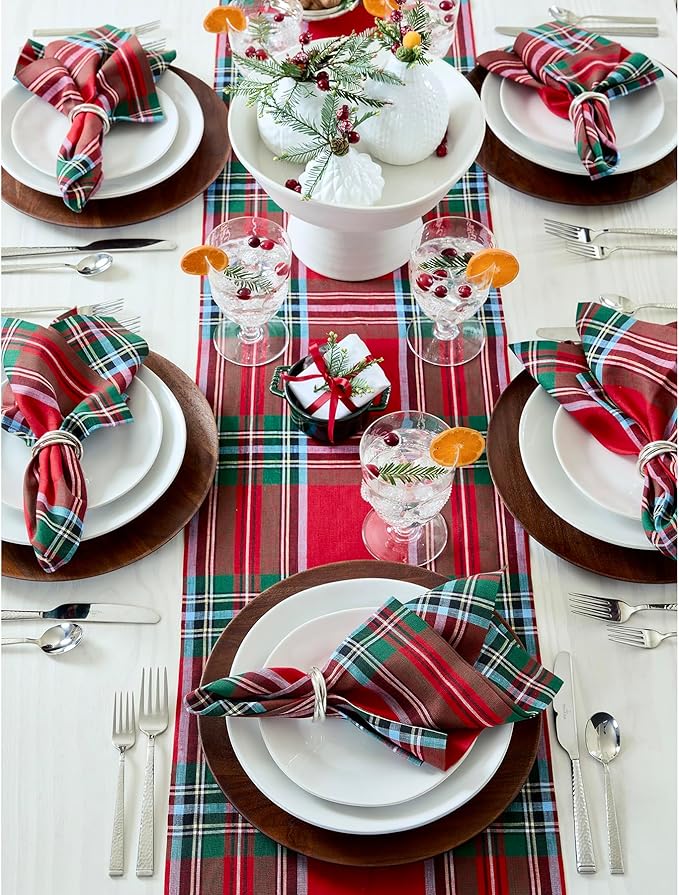 Solino Home Linen Tartan Plaid Table Runner 60 Inches - 100% Pure Linen Red Madras Holiday Plaid Table Runner 14 x 60 Inch Ideal for Dresser and Coffee Tables
