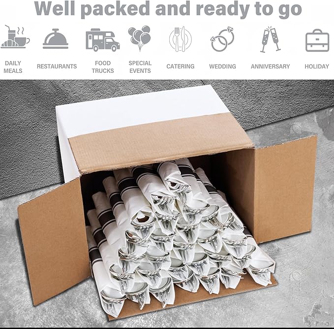 SUT 50 Pack Pre Rolled Silverware Set Disposable, 200 Pcs Silver Plastic Utensils Include 50 Forks, 50 Knives, 50 Spoons and 50 Napkins, Plastic Cutlery, Wrapped Silverware Set Disposable for Party