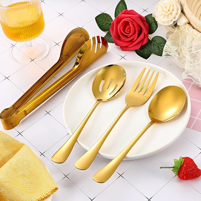 Patelai 15 Pieces Christmas Stainless Steel Gold Serving Utensils Set 8.7" Large Spoons and Slotted Spoon 9.45" Tong 9" Forks Flatware Wedding Party Buffet Banquet Cooking Kitchen Catering