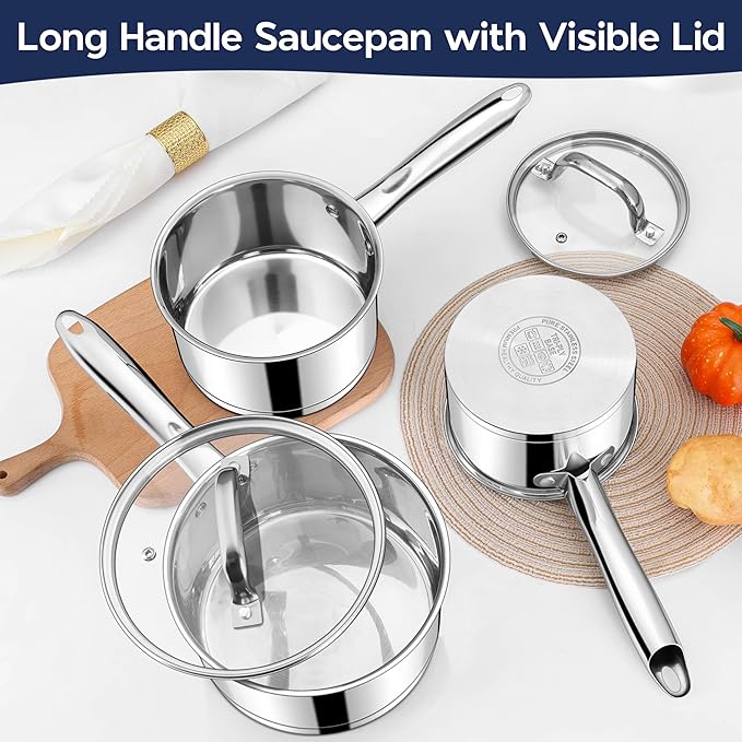 LIANYU Stainless Steel Saucepan, 3 Quart Sauce Pan with Visible Lid, Triply Induction Small Sauce Pot for Kitchen Cooking, Boiling, Compatible with All Stoves, Oven & Dishwasher Safe