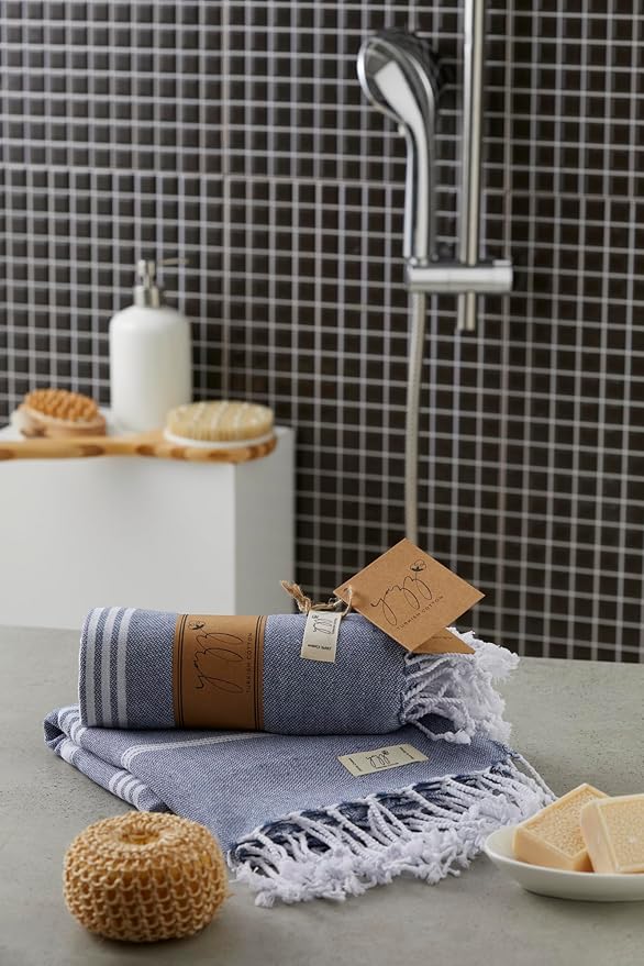 Turkish Hand Towels - Set of 2, 18" x 30" inches, Decorative Peshtemal Cotton Hand Towels for Kitchen, Bath, Guest, Face, Hair, Gym, Yoga, Dishcloth, Travel (Indigo)