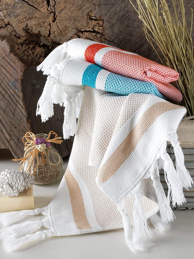 sea me at home Turkish Hand Towels for Bathroom, Kitchen Towels Decorative Set of 2, Luxury Turkish Cotton Dish Tea Towels 14 x 30 Inches for Bohemian, Rustic, and Farmhouse Decor (Beige)