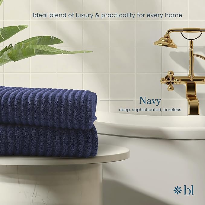 Blue Loom Ribbed Bath Sheet & Towel, 100% Cotton 600 GSM, Soft Absorbent Durable Quick Drying Bath Sheet & Bath Towel Set for Bathroom - Mason Set of 2 Navy (65" x 45" & 58" x 30")