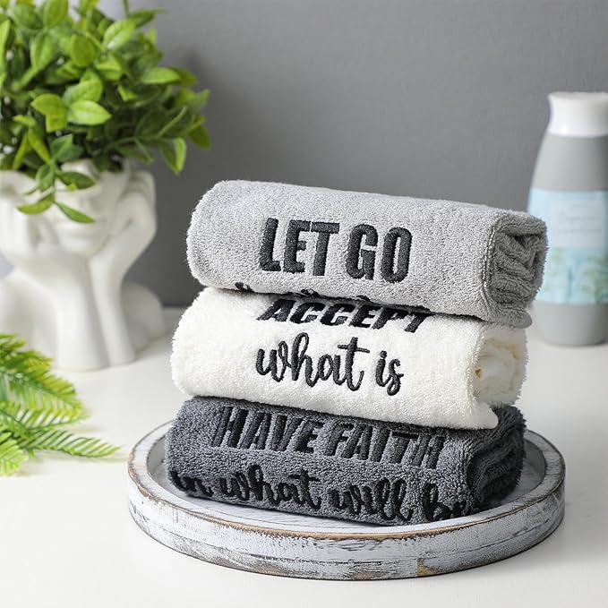 3pcs Farmhouse Decorative Hand Towels for Bathroom and Kitchen Rustic Embroidered 100% Cotton Hand Towels Decorative Set for Boho Bathroom Decor (Motivational Language)