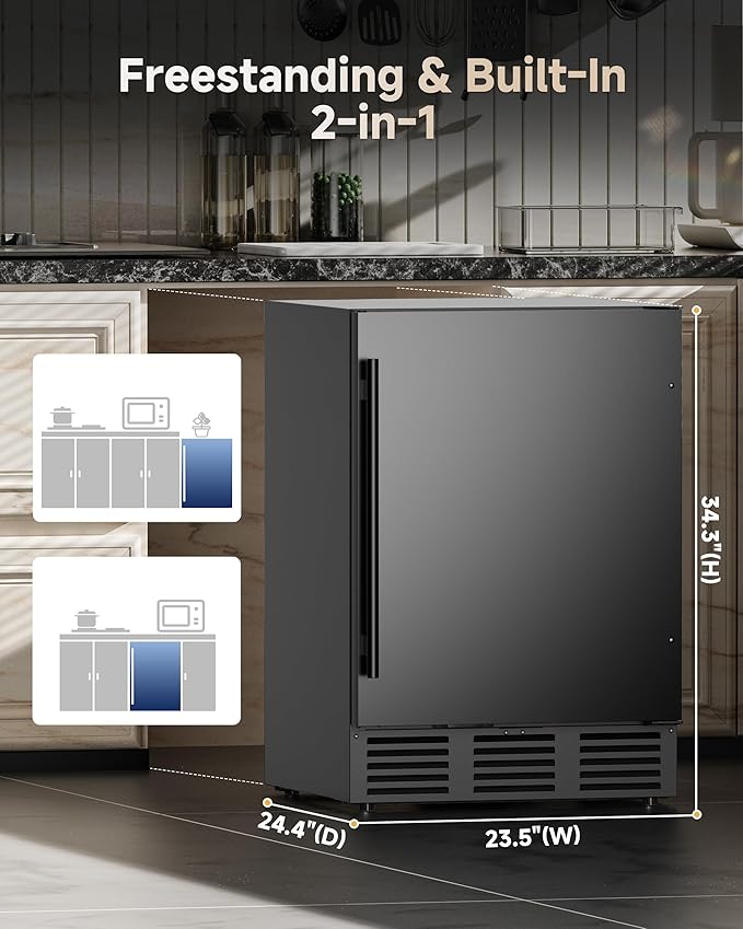 24 Inch Beverage Refrigerator, 180 Can Under Counter Fridge, Stainless Steel Beer Fridge for Built-in & Freestanding, Outdoor Refrigerator for Soda, Beer, Wine (Black)