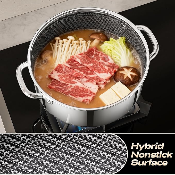 Hybrid Nonstick 4-Quart Stockpot,9.5 Inch Stainless Steel Stockpot with Glass Lid,PFAS PFOA PTFE Free, Dishwasher-Friendly,Oven-Safe Up to 600°F,Non-stick Soup Pot Compatible with All Cooktops