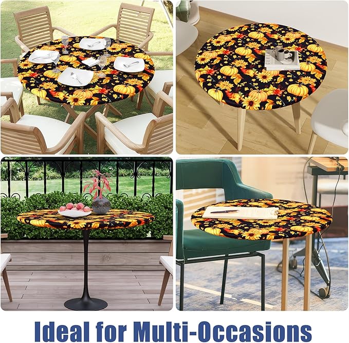 Round Spandex Thanksgiving Tablecloth, Elastic Fitted Waterproof Tablecloths for 45"-56" Tables, Stretch Washable Picnic Table Cover for Autumn Harvest Parties, Pumpkin Sunflower