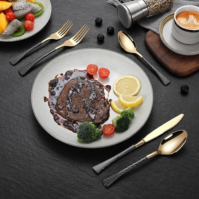 Lemeya Hammered Black Gold Silverware Set,20 Piece Modern Flatware Set Service for 4,Mirror Polished Stainless Steel Cutlery Set Utensil Set Tableware Set,Kitchen Knives Fork Spoon Set,Dishwasher Safe