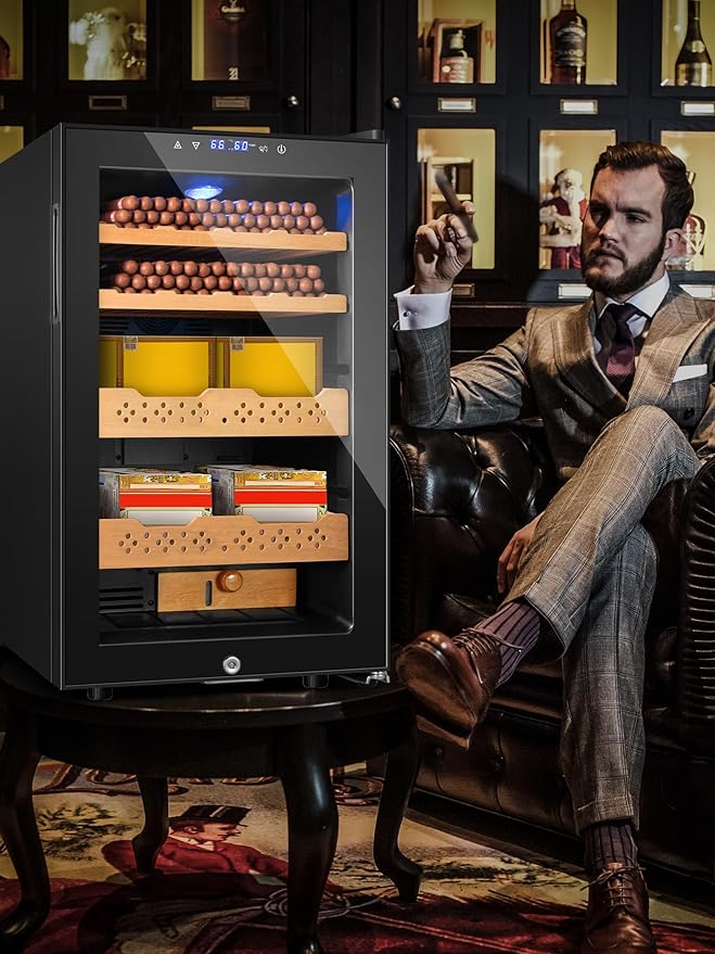 Electric Cooler Cabinet Desktop Cabinet 70L with Professional Temperature and Humidity Digit Control System Spanish Wood Shelves 400 Capacity for Home Office Gift