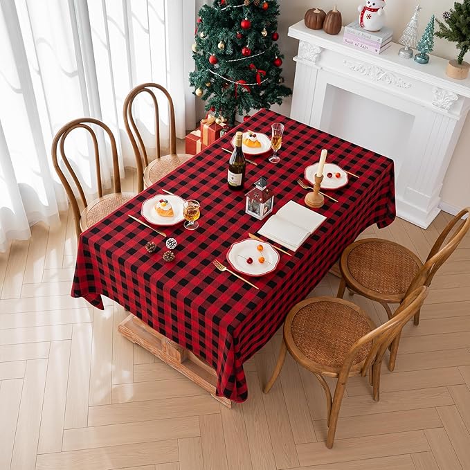 Christmas Gingham Tablecloth Heavy Duty Cotton Linen Red 60x84 inch Plaid Christmas Table Cloth Reusable Waterproof Foldable Tablecloths Xmas Table Cover for New Year Party Decor