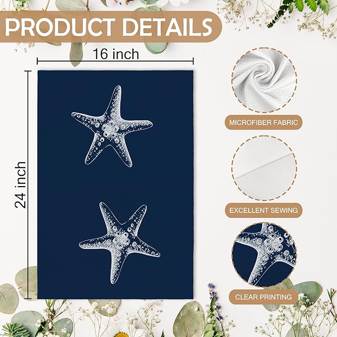 Coastal Blue Crab Starfish Bathroom Hand Towels Sets of 2, Nautical Beachy Ocean Theme Bathroom Decor Accessories, Coastal Beach Navy Blue Decor Kitchen Dish Tea Towels for Kitchen, 16x24Inch
