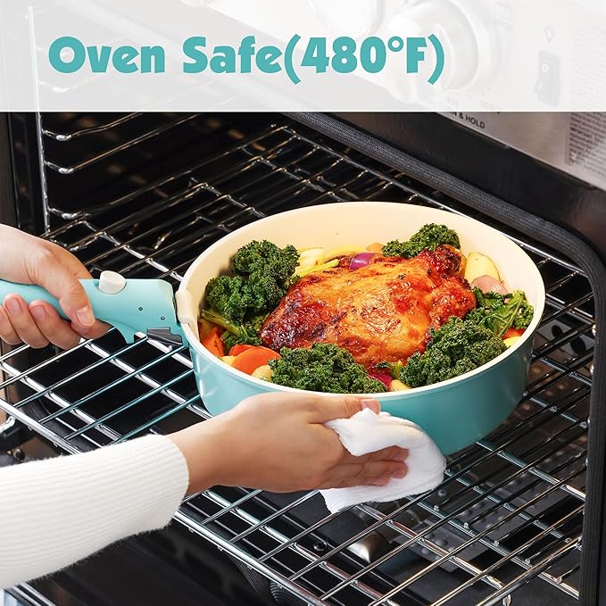 SENSARTE 17 Piece Ceramic Pots and Pans Set, Nonstick Detachable Handle Cookware, Induction Kitchen Cookware Set with Removable Handle, Dishwasher & Oven Safe (Turquoise)