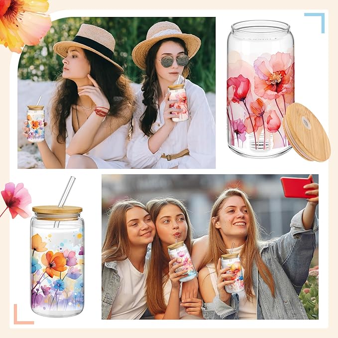Mumufy 4 Pack 16 oz Watercolor Floral Glass Tumbler with Bamboo Lid & Straw, Colorful Garden Flower Iced Coffee Mug, Reusable Aesthetic Drinkware, Christmas/mother's Day/birthday Gift for Mom Sister