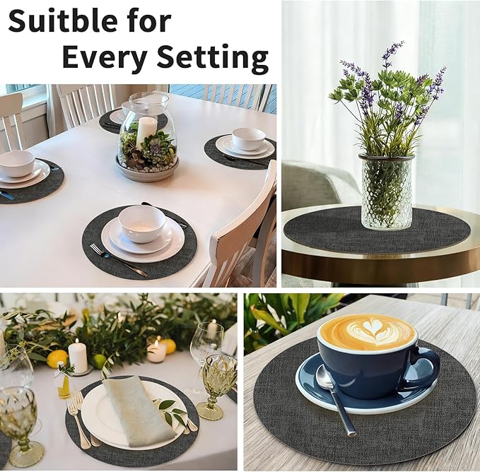 Maxpearl Round Placemats Set of 6, 13.8 inch Faux Leather Heat Resistant Table Mats, Non Slip Waterproof Wipeable Place Mats for Kitchen Dining Holiday Party Table Settings, Black