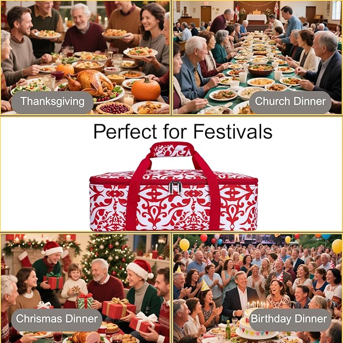 Insulated Casserole Baking Dish Carrier Portable Lunch Tote Bag Fits Up to 9"x13" Pan for Transport to Keep Food Hot/Cold for Gathering/Potluck Parties/Cookouts/Camping/Picnics/Offices-Red/white