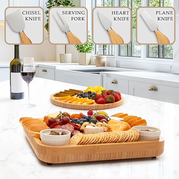 Zulay Kitchen Premium Bamboo Charcuterie Board - Extra Thick Bamboo Board with 4 Piece Knife Set - Perfect for Charcuterie, Wine and Cheese