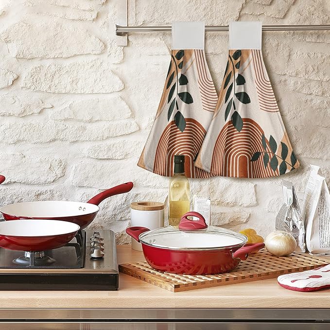 Giwawa Boho Leaf Kitchen Towels 2 Pcs Orange Modern Dish Cloth Soft Absorbent Tie Towels for Bathroom Hotel Gym Home Decor